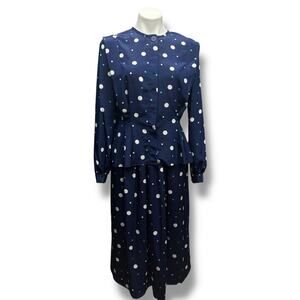 Vtg 80s Dress Suit Set Midi 2 Piece Royal Polka Dot Taylor Sport Blue Size 6